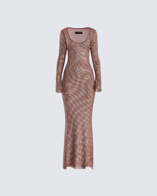 finesse Ewa Brown Rhinestone Maxi Dress