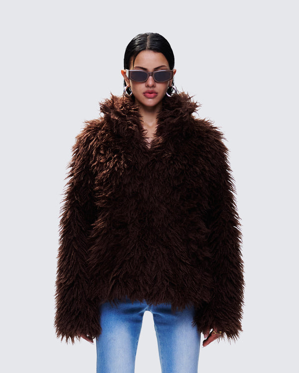 Finesse Fae Brown Boxy Faux Fur Coat