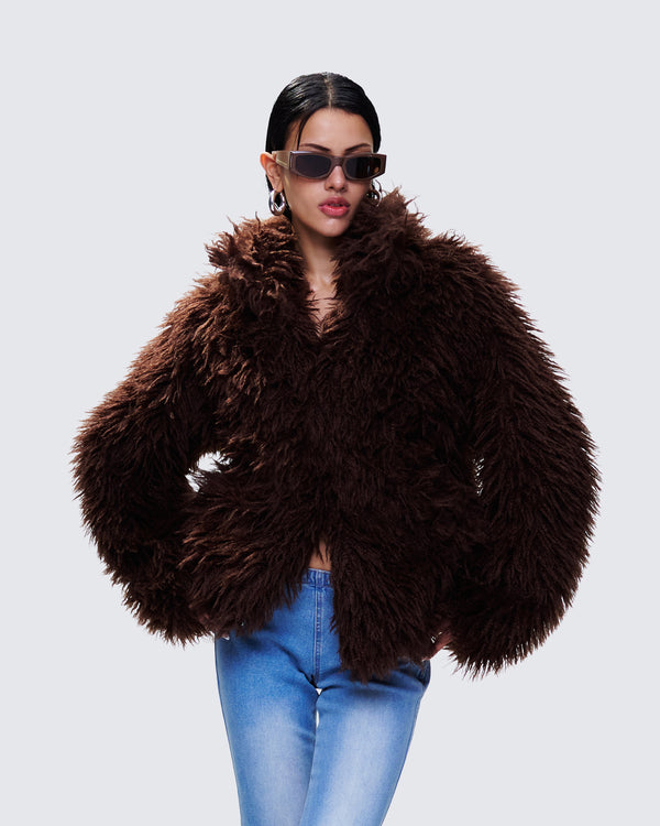 Finesse Fae Brown Boxy Faux Fur Coat