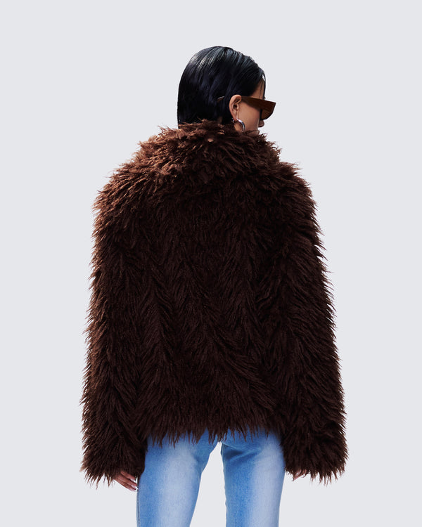 Finesse Fae Brown Boxy Faux Fur Coat