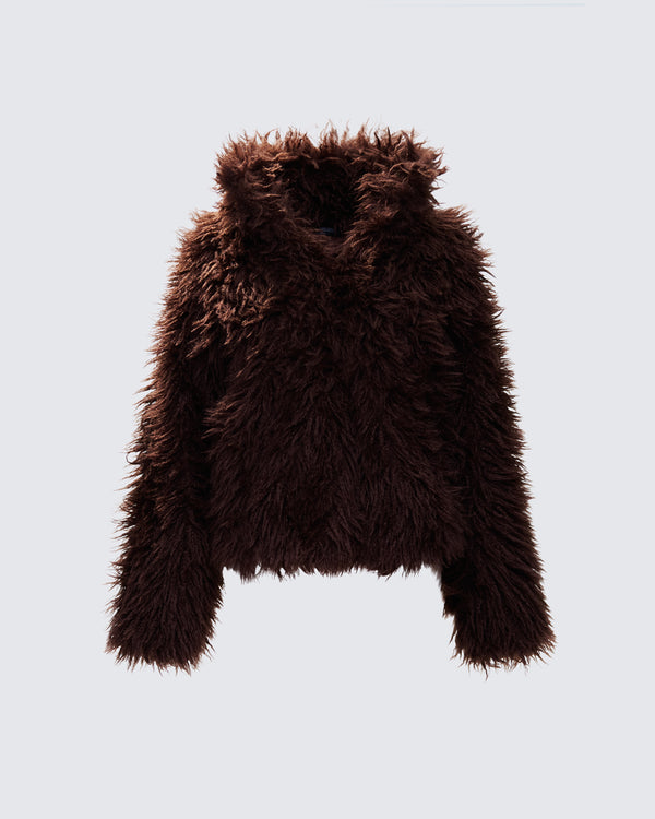 finesse Fae Brown Boxy Faux Fur Coat
