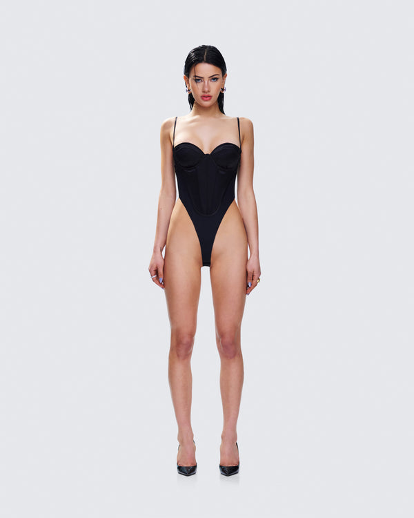 Finesse Fara Black Satin Corseted Bodysuit