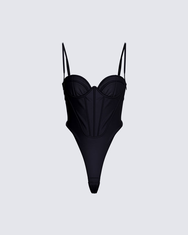 finesse Fara Black Satin Corseted Bodysuit