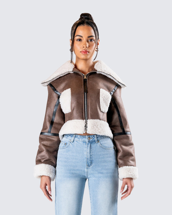 Finesse Farah Brown Vegan Leather Bomber