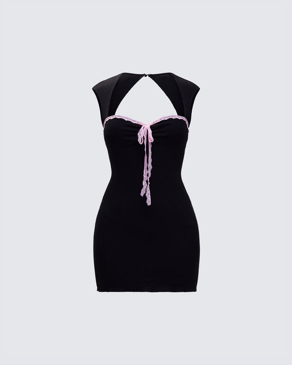 finesse Floriana Black Lace Trim Rib Mini Dress