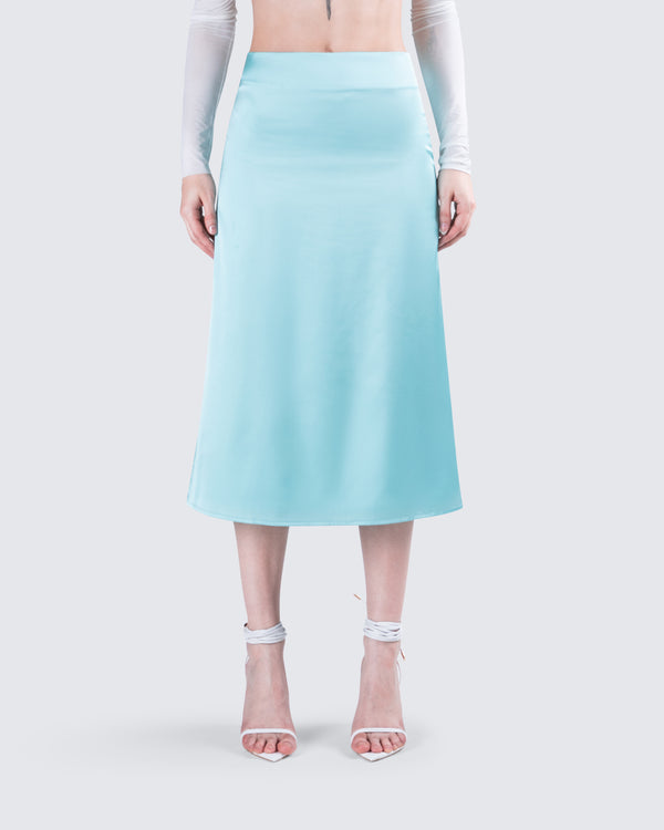 Finesse Florie Aqua Satin Midi Skirt