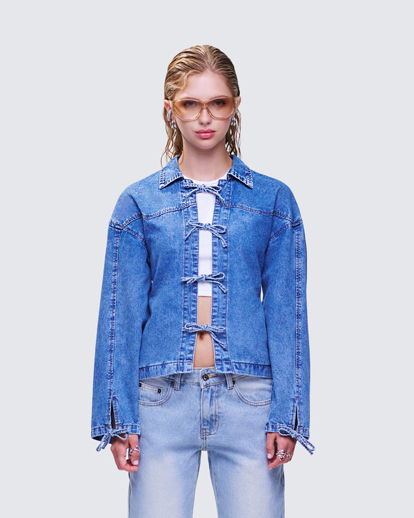 Finesse Freesia Blue Bow Tied Denim Shirt Jacket