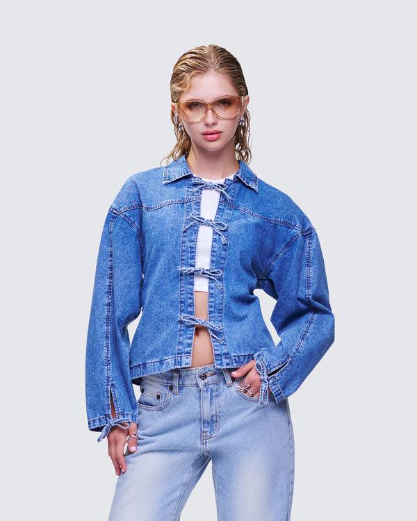 Finesse Freesia Blue Bow Tied Denim Shirt Jacket