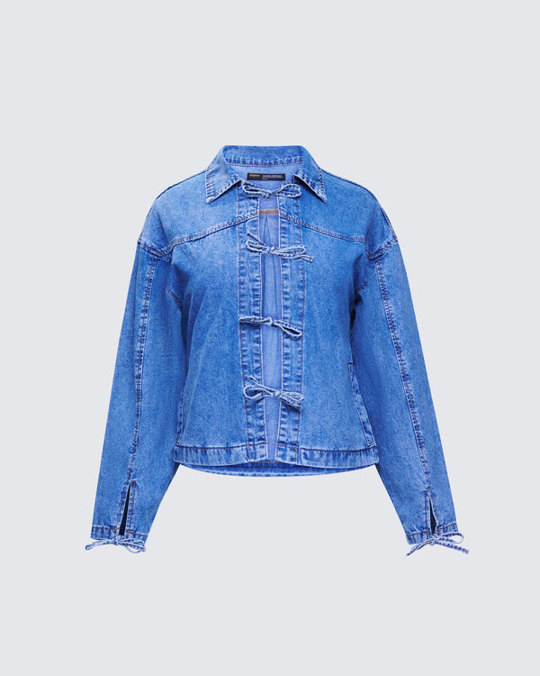 finesse Freesia Blue Bow Tied Denim Shirt Jacket