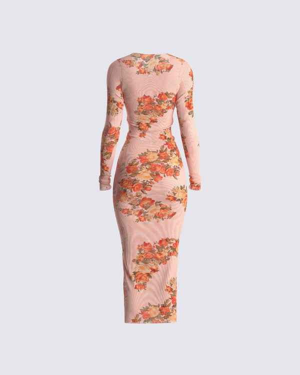 Finesse Gardenia Rose Print Mesh Midi Dress