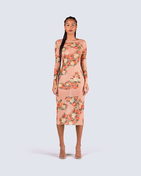 Finesse Gardenia Rose Print Mesh Midi Dress