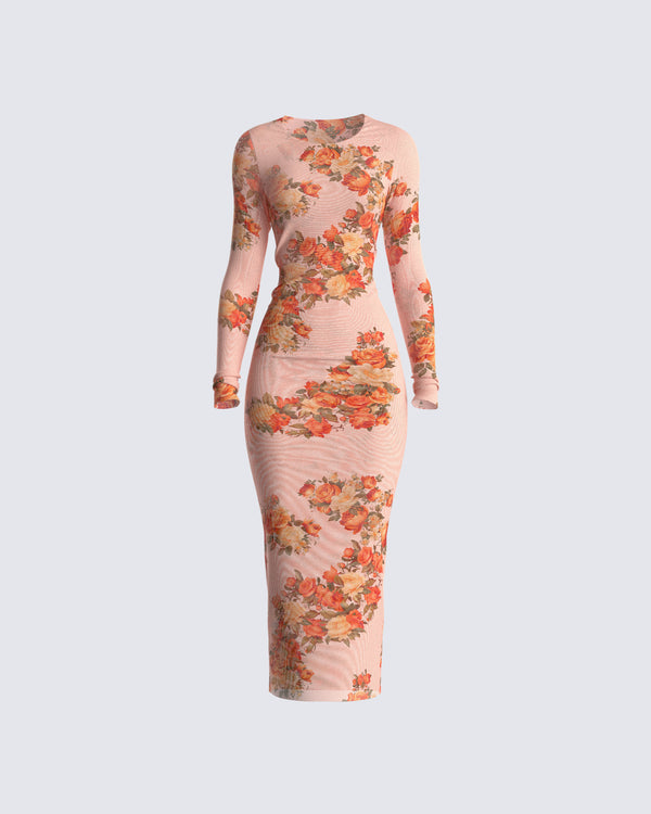 finesse Gardenia Rose Print Mesh Midi Dress