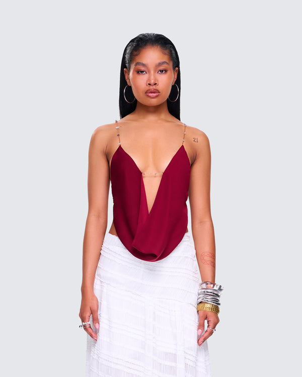Finesse Ginger Burgundy Backless Cowl Top