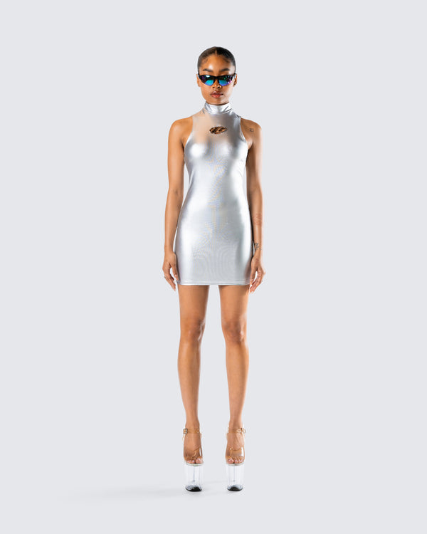 Finesse Gisele Silver Metallic Logo Dress