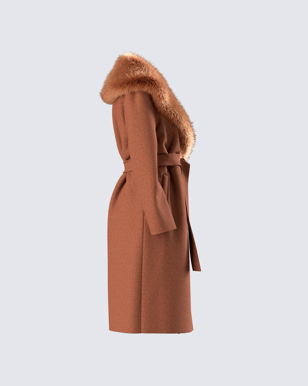 Finesse Hala Brown Faux Fur Trim Coat