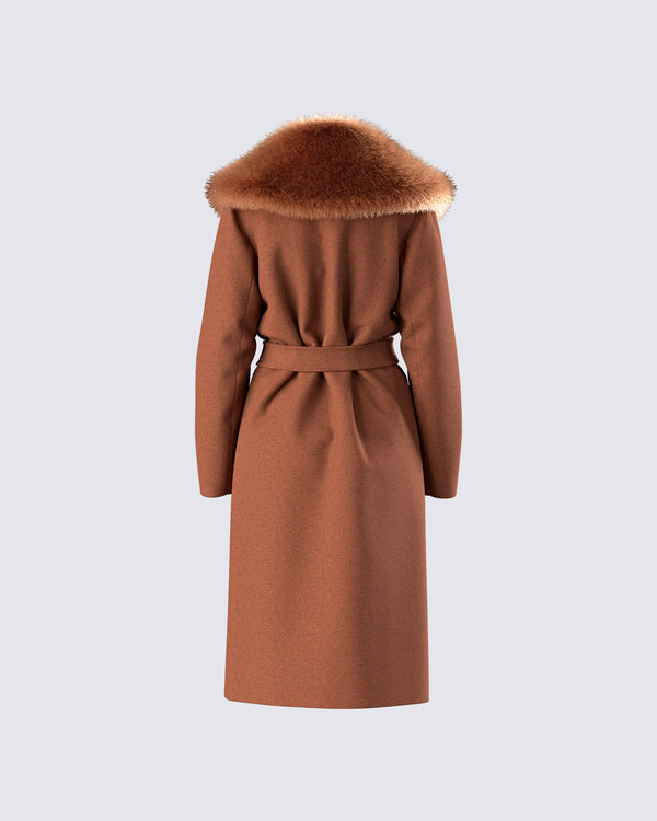 Finesse Hala Brown Faux Fur Trim Coat