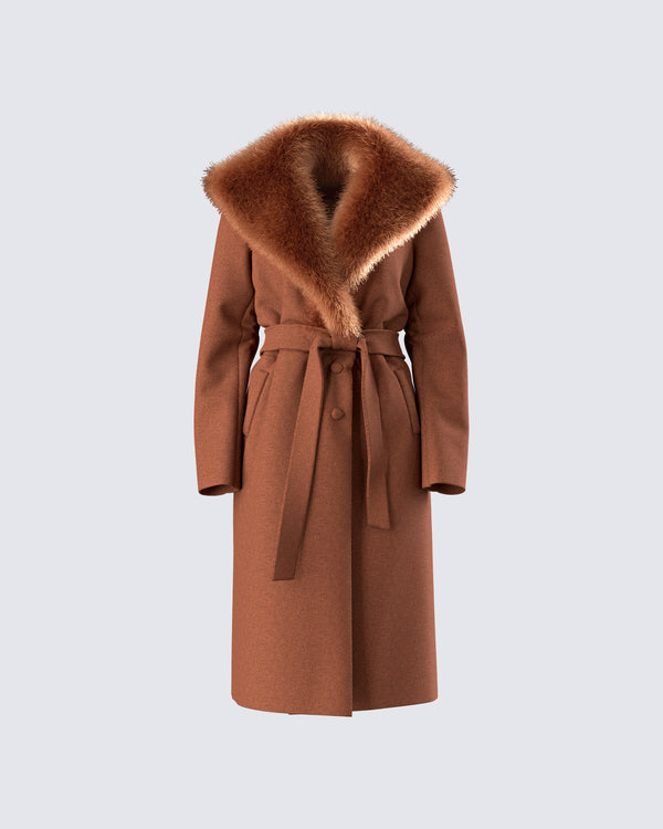 finesse Hala Brown Faux Fur Trim Coat