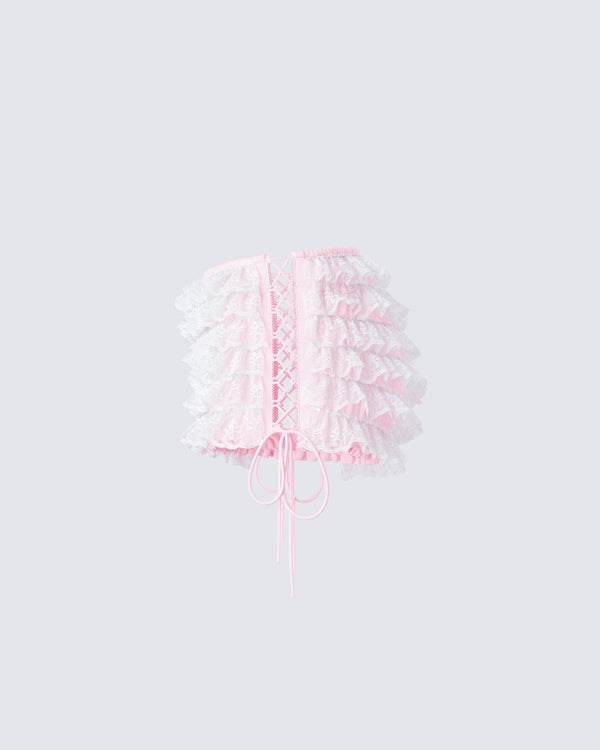 Finesse Hali Pink Lace Up Ruffle Micro Mini Short
