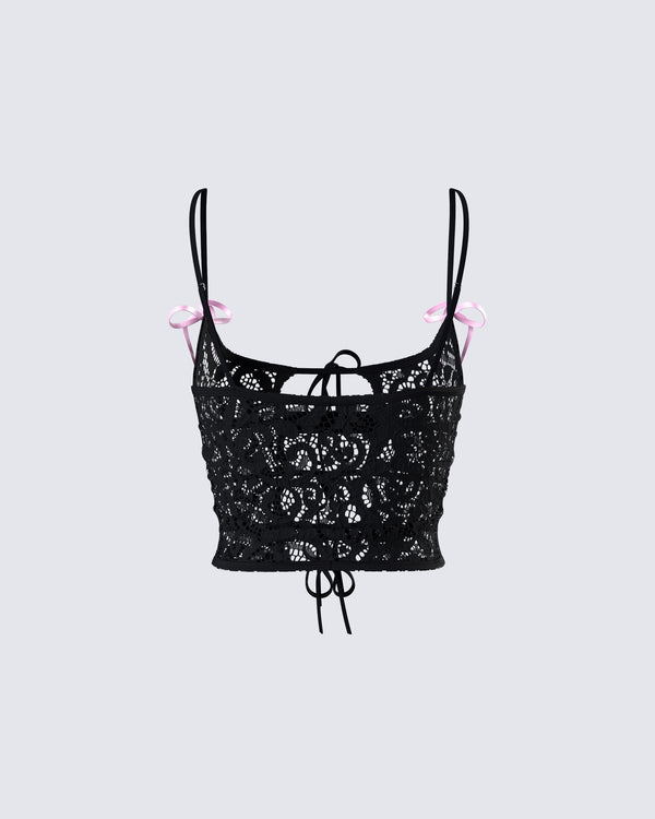 Finesse Halsey Black Lace Tie Front Top