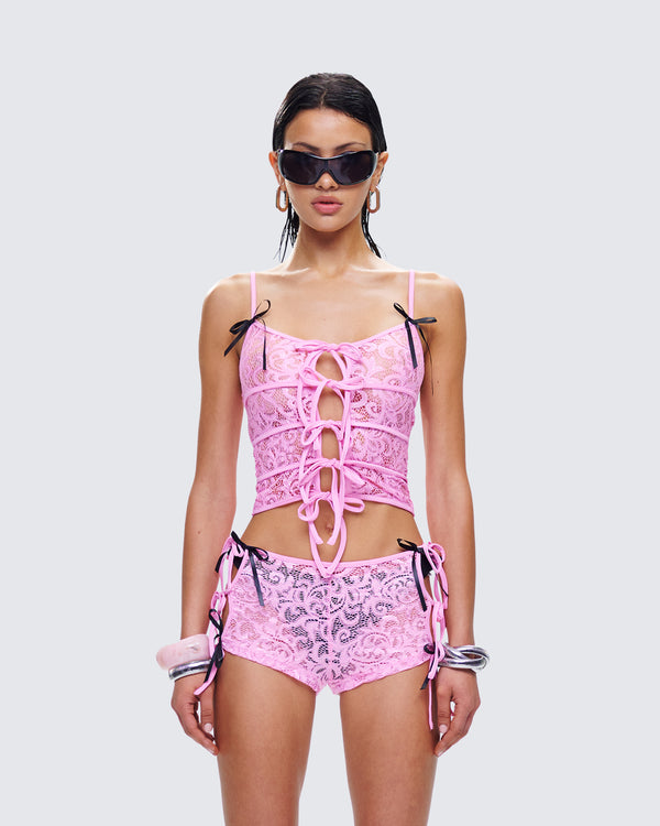 Finesse Halsey Pink Lace Tie Front Top