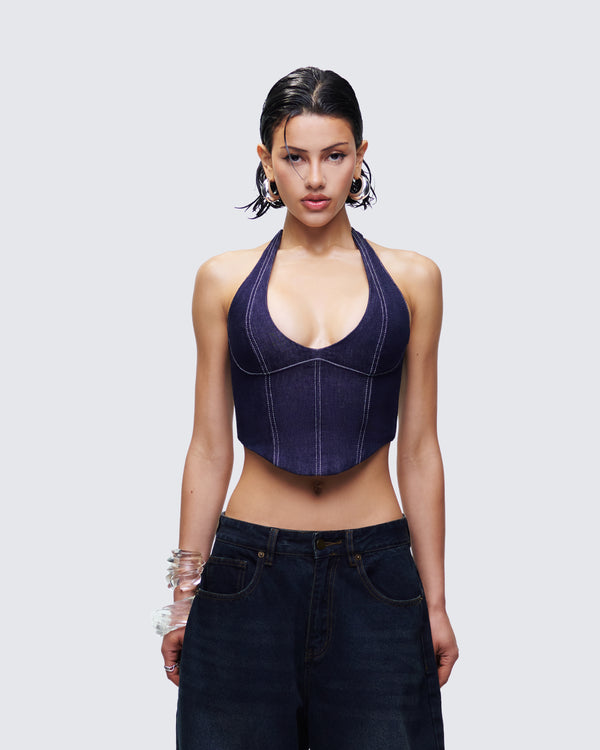 Finesse Harley Blue Denim Halter Top