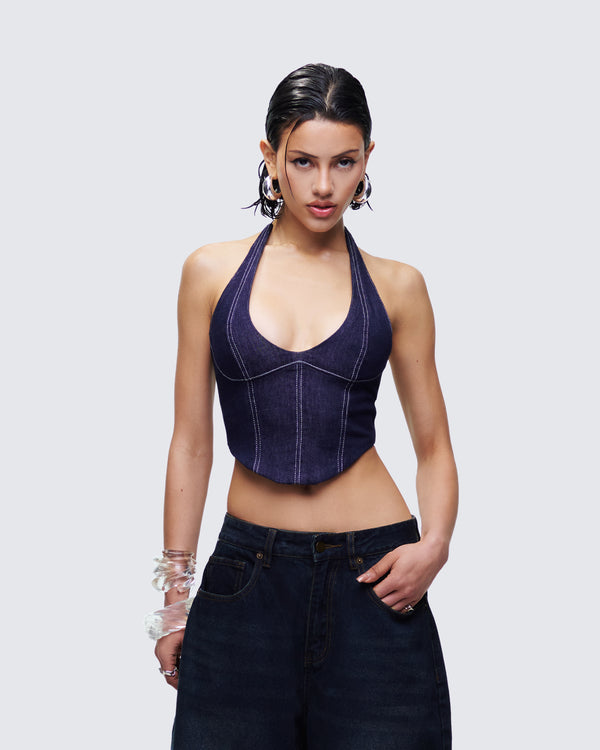 Finesse Harley Blue Denim Halter Top