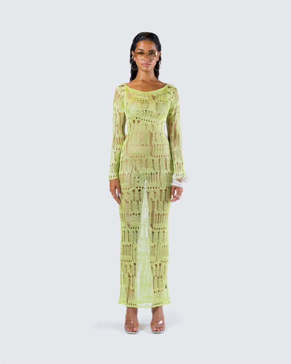 Finesse Hartley Green Open Knit Maxi Dress