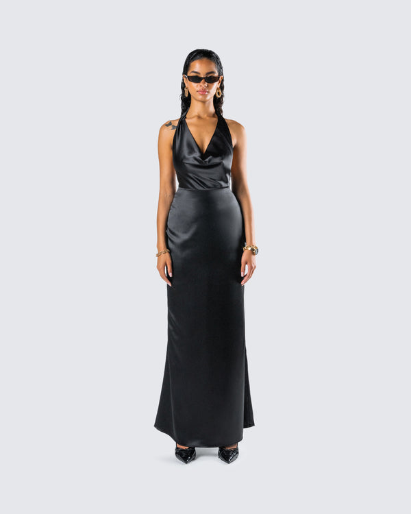 Finesse Holly Black Satin Cowl Maxi Dress
