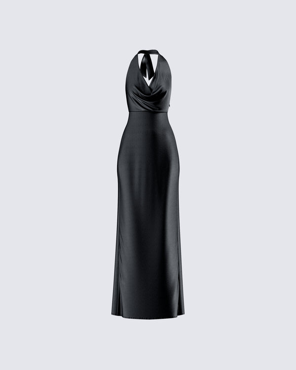 finesse Holly Black Satin Cowl Maxi Dress