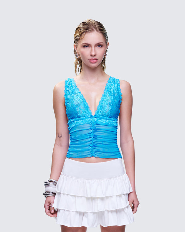 Finesse Hyacinth Blue Floral Bow Detail Top