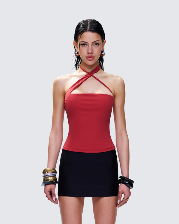 Finesse Idalia Red Asymmetrical Halter Top