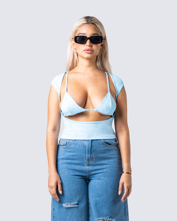 Finesse Indie Baby Blue Jersey Cut Out Top