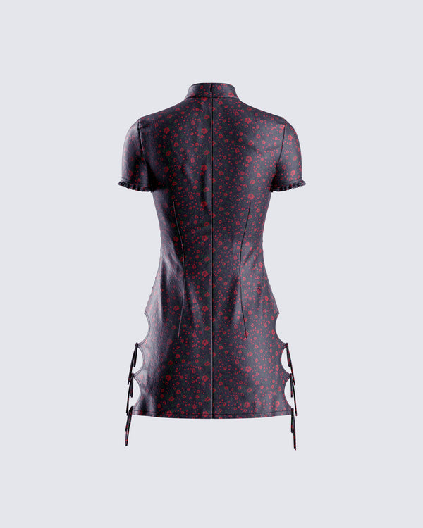 Finesse Ivie Black Floral Satin Mini Dress