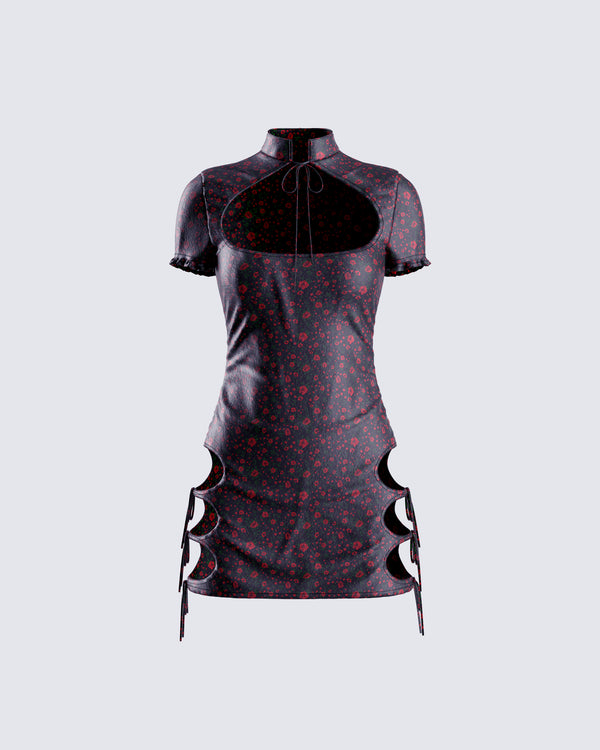 finesse Ivie Black Floral Satin Mini Dress