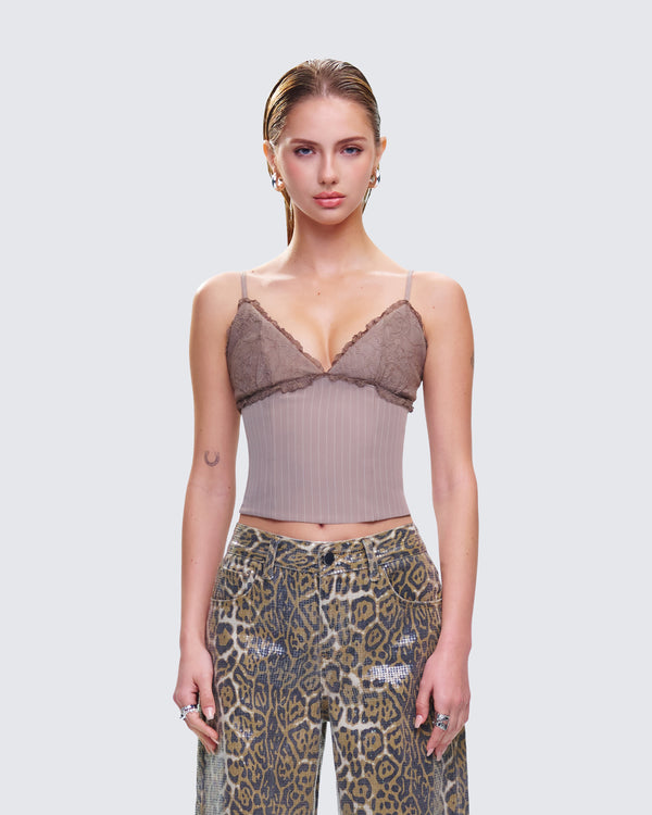 Finesse Jena Brown Pinstripe Strappy Top