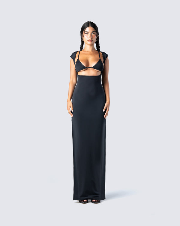 Finesse Jett Black Knit Cut Out Maxi Dress