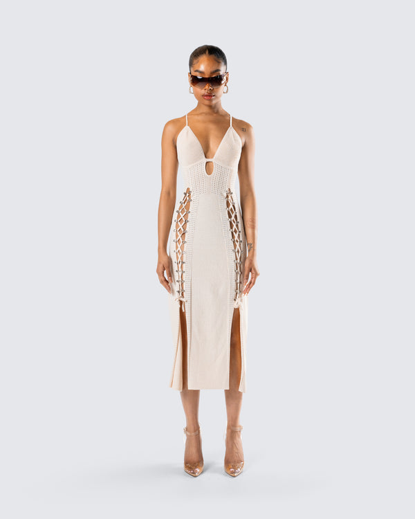 Finesse Jing Ivory Crochet Knit Midi Dress