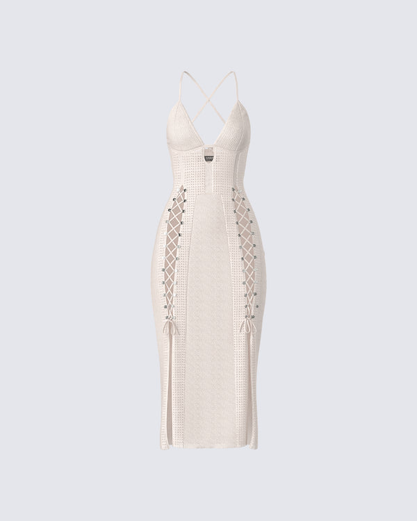 finesse Jing Ivory Crochet Knit Midi Dress