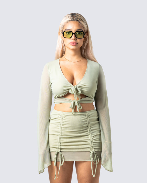 Finesse Jolie Olive Mesh Tie Front Top
