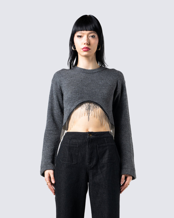 Finesse Josephine Grey Crystal Sweater Top