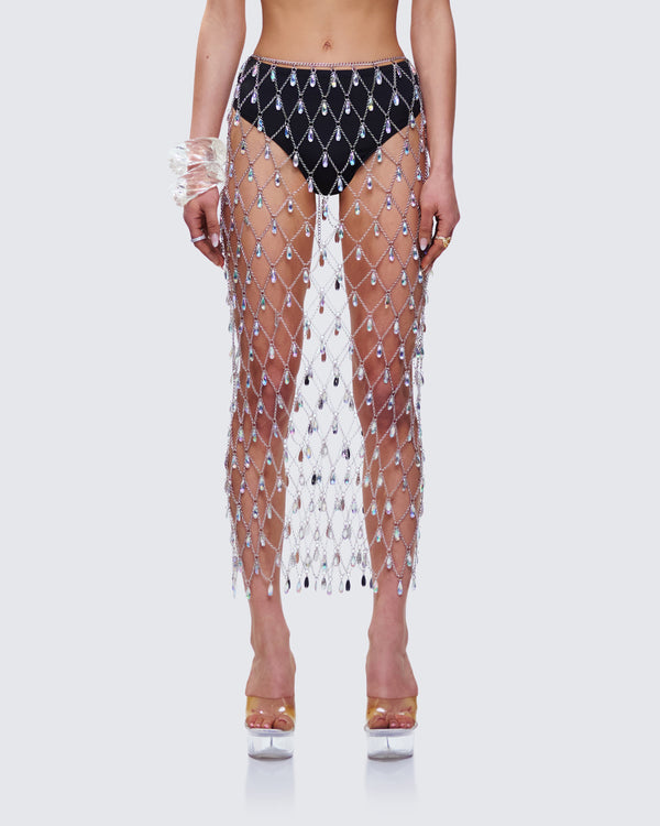 Finesse Jovita Silver Rhinestone Chain Midi Skirt