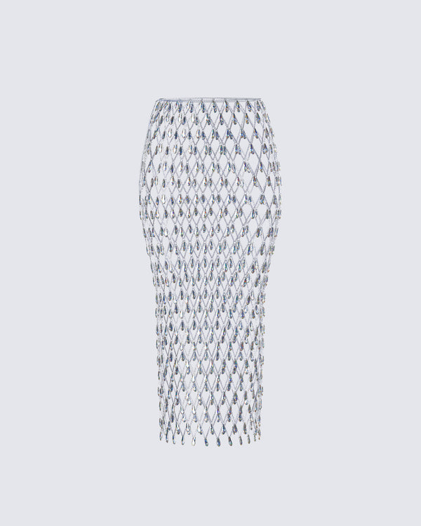 finesse Jovita Silver Rhinestone Chain Midi Skirt