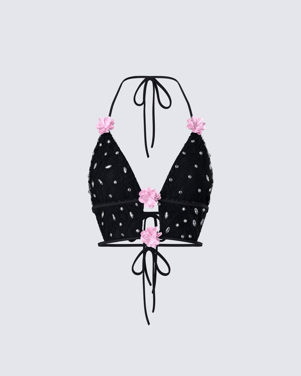 finesse Julissa Black Hand Beaded Rhinestone Top