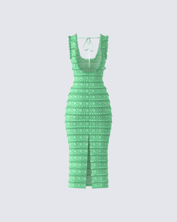 Finesse Kairi Green Ruffle Trim Midi Dress
