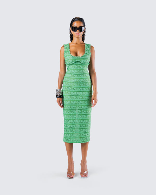Finesse Kairi Green Ruffle Trim Midi Dress