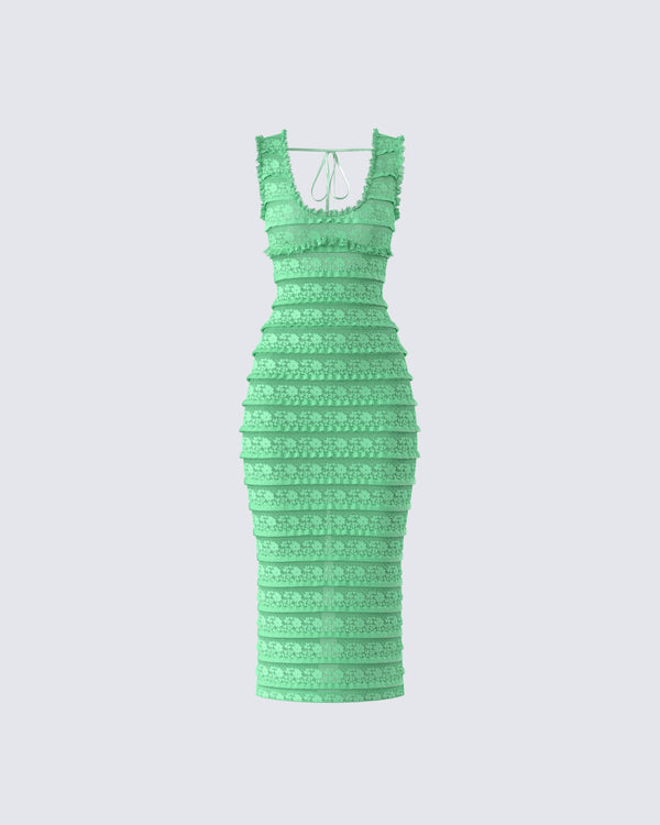 finesse Kairi Green Ruffle Trim Midi Dress