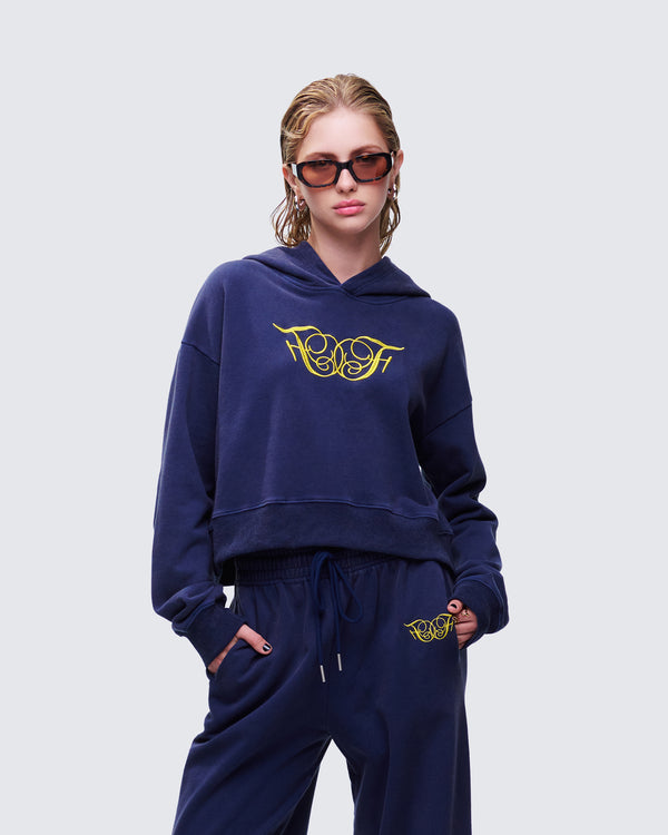 Finesse Kamilah Blue Acid Wash Hooded Sweater