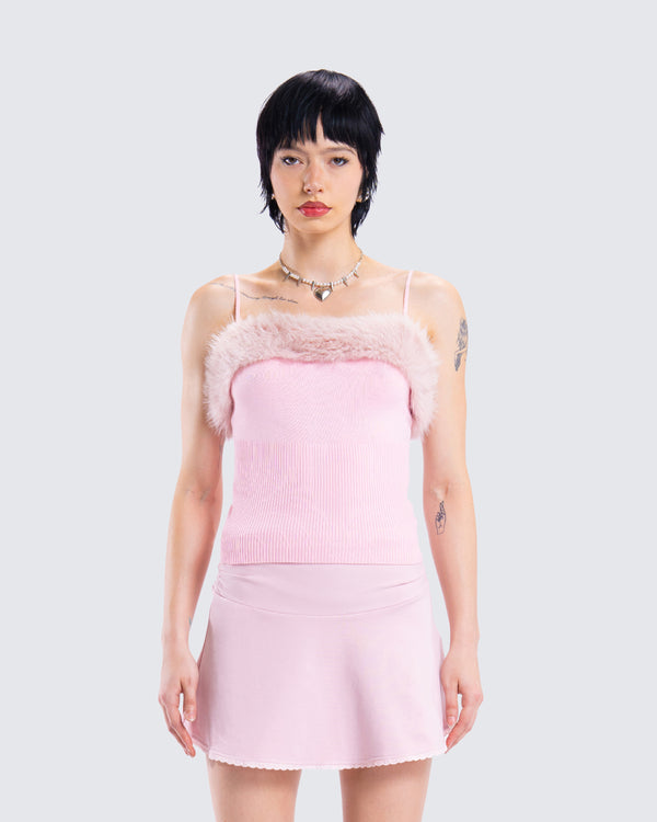 Finesse Karlissa Pink Fur Trim Cami Top