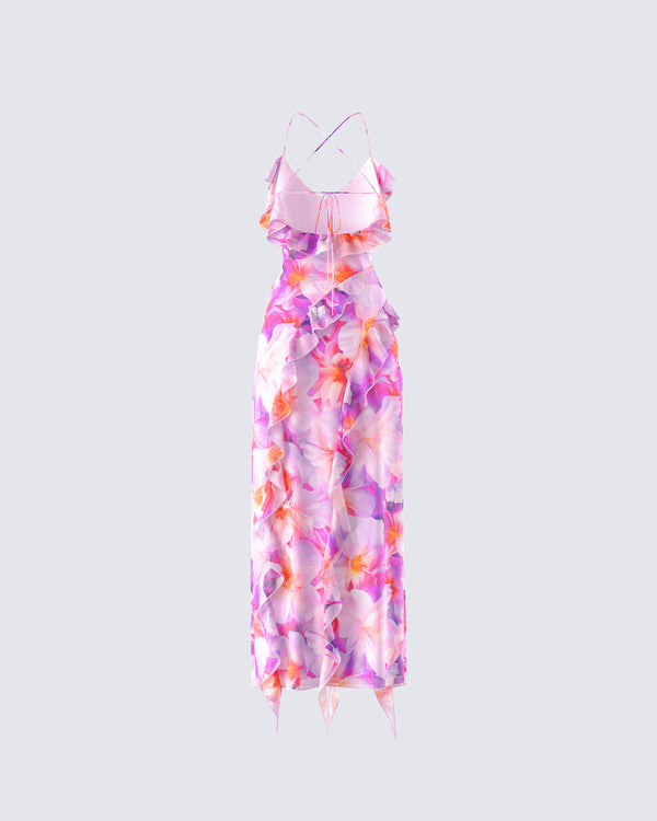 Finesse Kenya Pink Floral Ruffle Maxi Dress