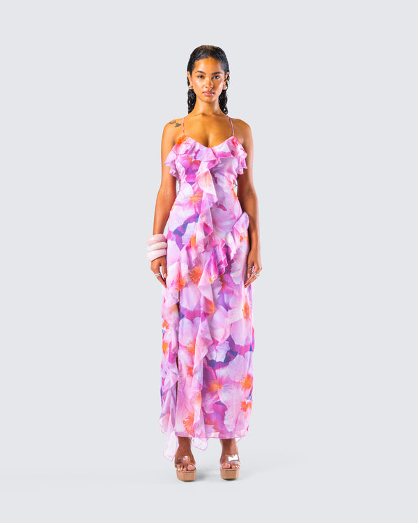 Finesse Kenya Pink Floral Ruffle Maxi Dress